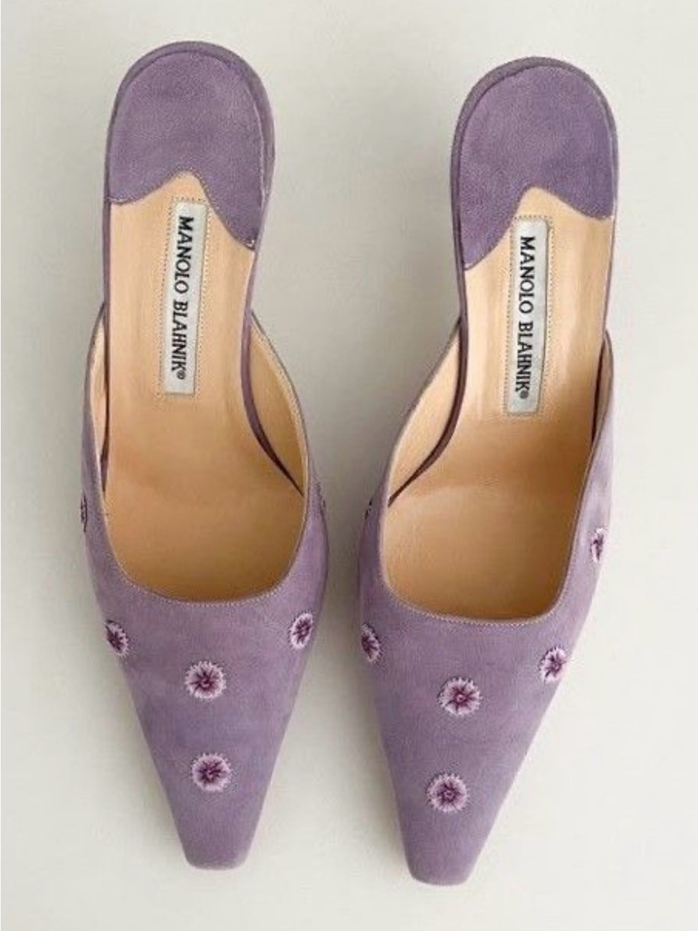 Vintage Manolo Blahnik Lavender Suede Pointed Toe Mules